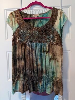 ONE WORLD Teal and Brown Crochet Yoke Tie-Dye Tunic